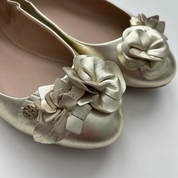 Tory Burch Blossom Ballet Flat Grained Metallic in Spark Gold - Picture 4 of 9
